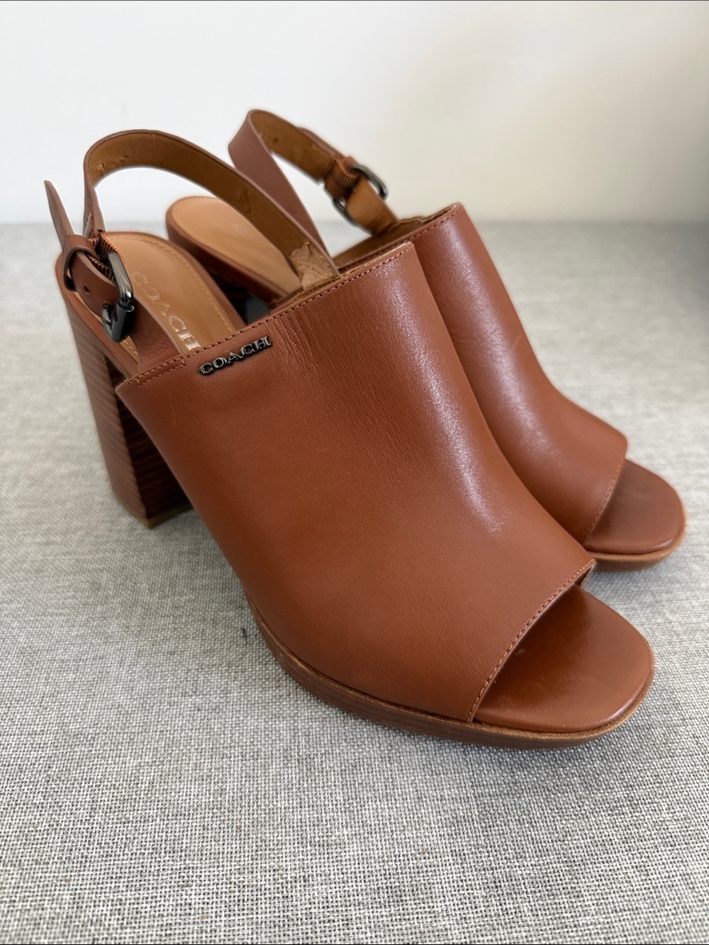 Coach Tan Brady Leather Open-Toe Slingback Block Heels with defect